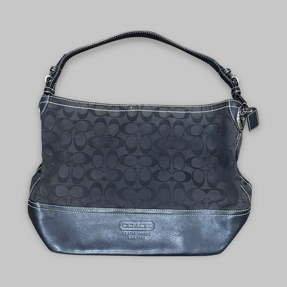 Coach Signature Black Leather & Canvas Hobo Shoulder Bag - Picture 1 of 6